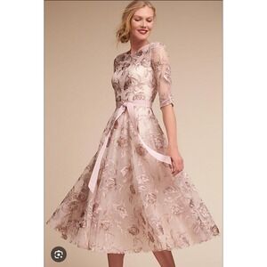 BHLDN embroidered floral tulle midi dress size 0 blush romantic wedding guest
